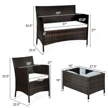 Costway 4PCS Rattan Patio Furniture Set Cushioned Sectional Sofa Chair Coffee Table Red