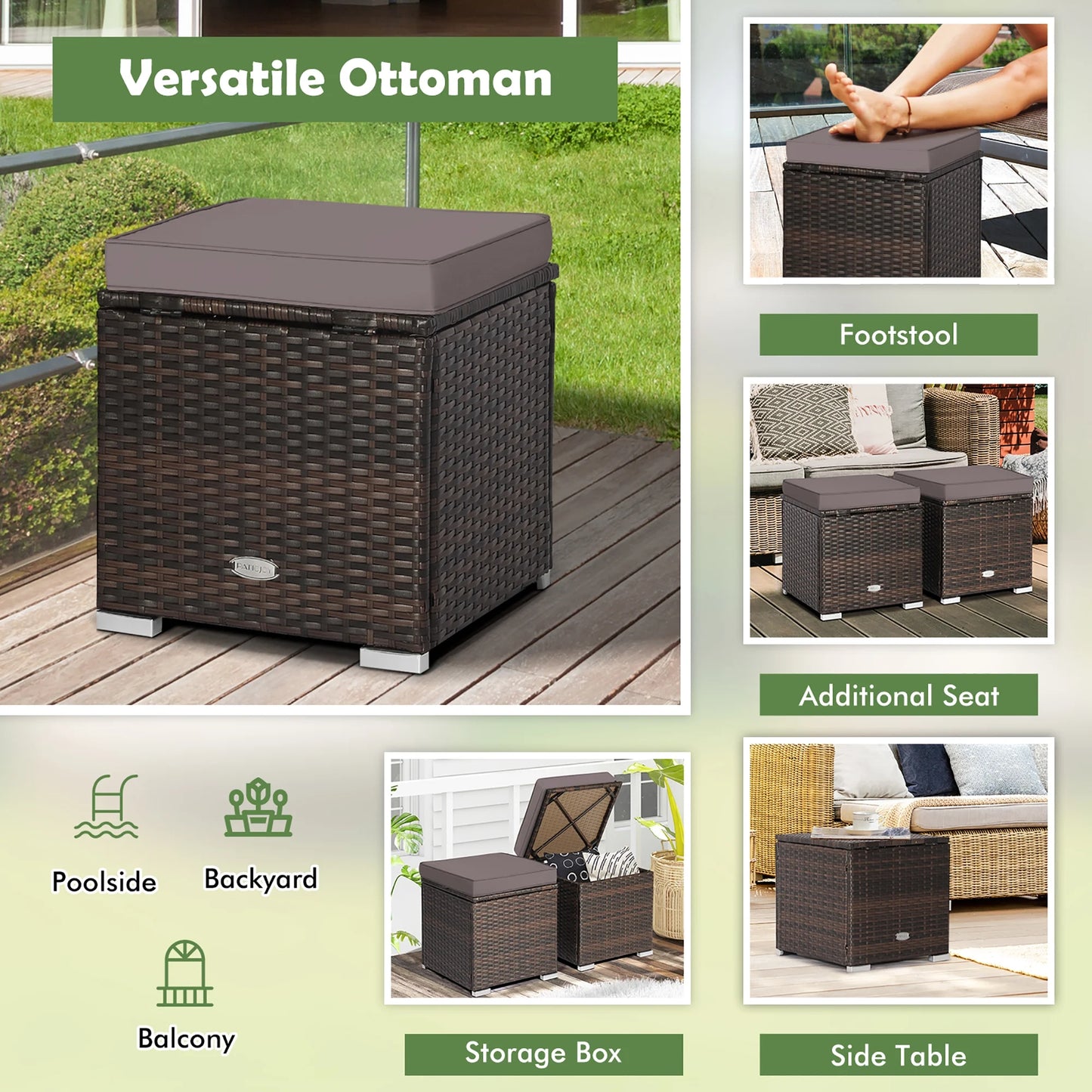 Gymax 2PCS Outdoor Patio Ottomans Hand-Woven PE Wicker Footstools w/Removable Cushions Grey