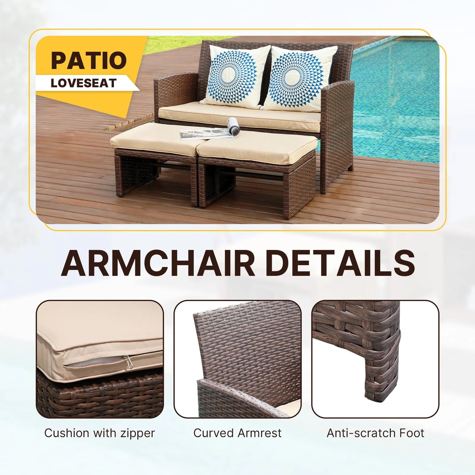 OC Orange-Casual 3 Piece Outdoor Loveseat, Patio Furniture Set, with Ottoman/Side Table, Brown Rattan, Beige Cushion
