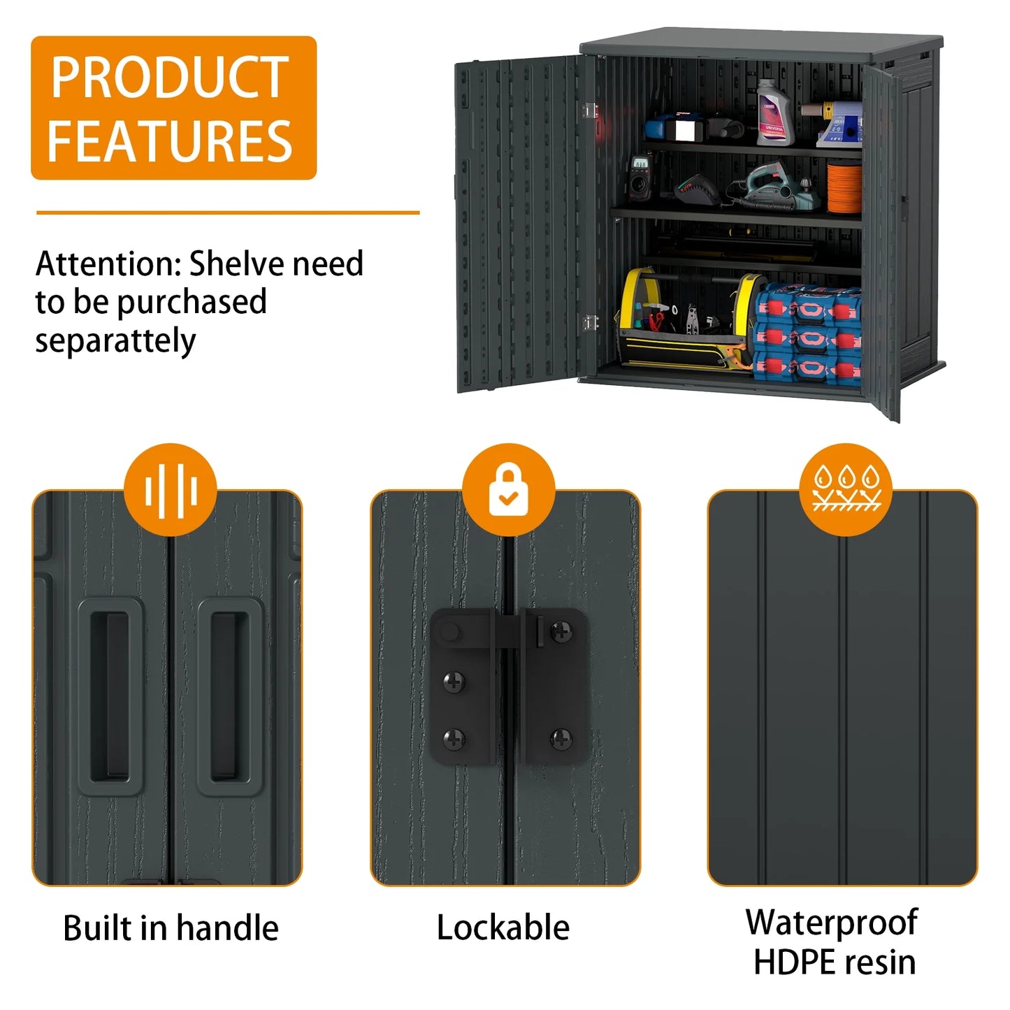 ZYJOYY 15 Cu.Ft Resin Outdoor Storage Shed with Floor & 2 Shelves, Lockable Waterproof Backyard Horizontal Cabinet for Patio, Garden Tools & Equipment,Sage Grey