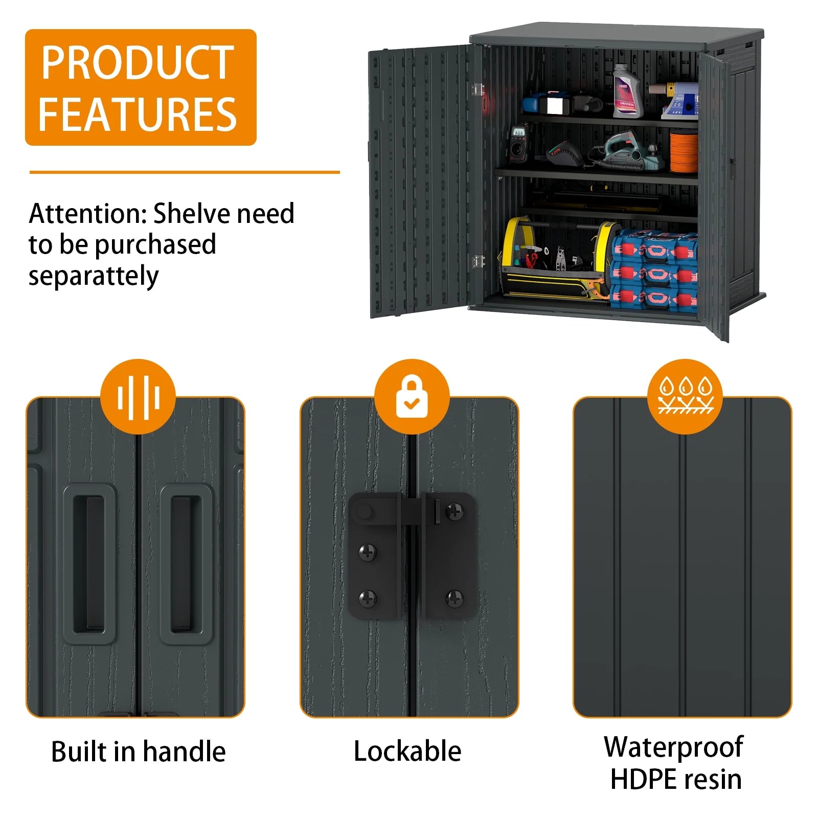 ZYJOYY 15 Cu.Ft Resin Outdoor Storage Shed with Floor & 2 Shelves, Lockable Waterproof Backyard Horizontal Cabinet for Patio, Garden Tools & Equipment,Sage Grey