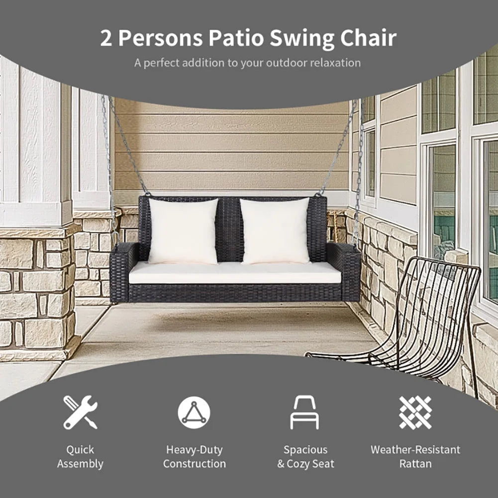 Topcobe 2-Person Patio Rattan Porch Swing with Cushions, Outdoor Patio Furniture, White