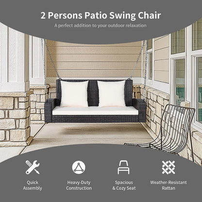 Topcobe 2-Person Patio Rattan Porch Swing with Cushions, Outdoor Patio Furniture, White