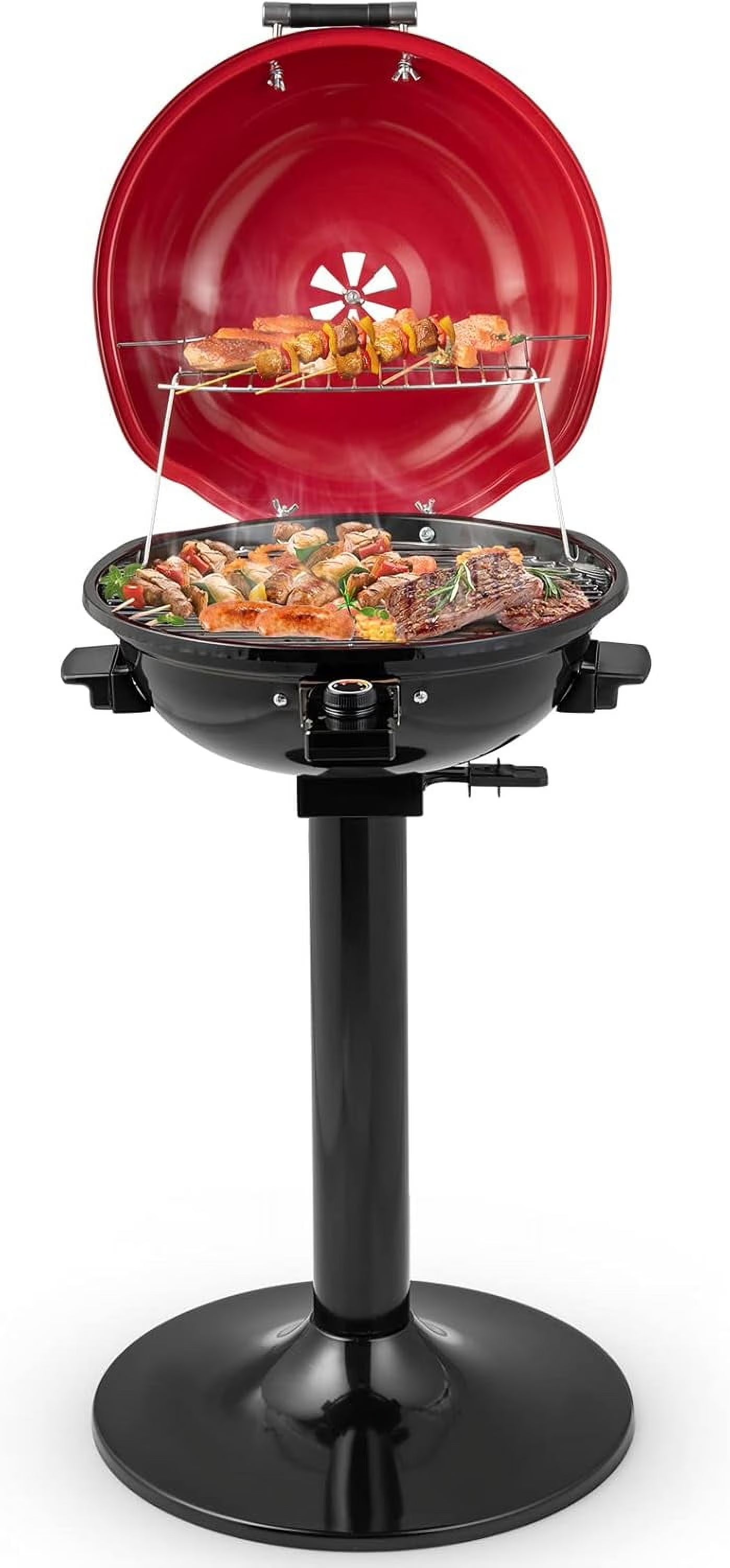 HAPPYGRILL 1600W Electric Grill Outdoor, Portable BBQ Grill with Warming Tray, Removable Non-Stick Grill Rack, Adjustable Temperature& Oil Drip Tray for Patio, Camping, Picnic,Red