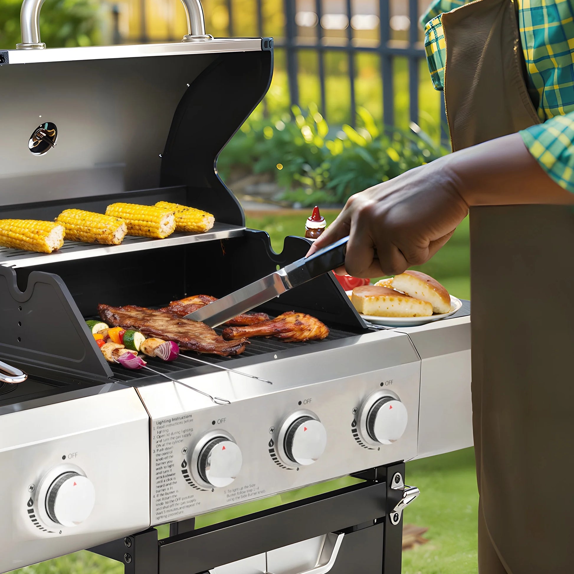 3 Burner Propane Gas Grill for Outdoor, 40500 BTU Barbecue Gas Grill with Thermometer, Stainless Steel BBQ Grill with Shelves & Wheels, Outdoor Cooking Grill for Patio, Garden, Backyard