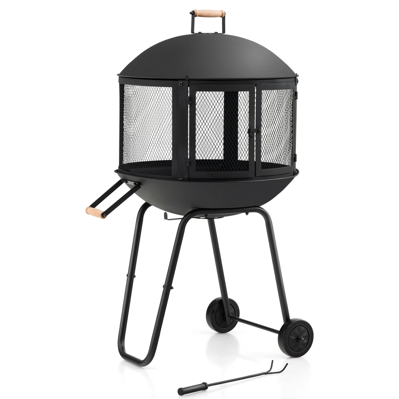 Topbuy Portable Fire Pit w/Wheels 28" Wood Burning Fire Pit w/Log Grate Poker Rolling Patio Fireplace Bonfire Firepit for Outdoor Entertaining