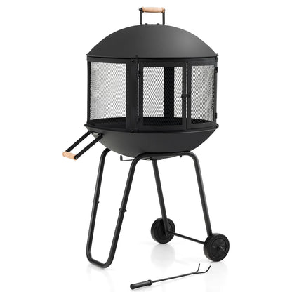Topbuy Portable Fire Pit w/Wheels 28" Wood Burning Fire Pit w/Log Grate Poker Rolling Patio Fireplace Bonfire Firepit for Outdoor Entertaining