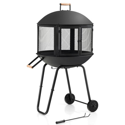 Topbuy Portable Fire Pit w/Wheels 28" Wood Burning Fire Pit w/Log Grate Poker Rolling Patio Fireplace Bonfire Firepit for Outdoor Entertaining
