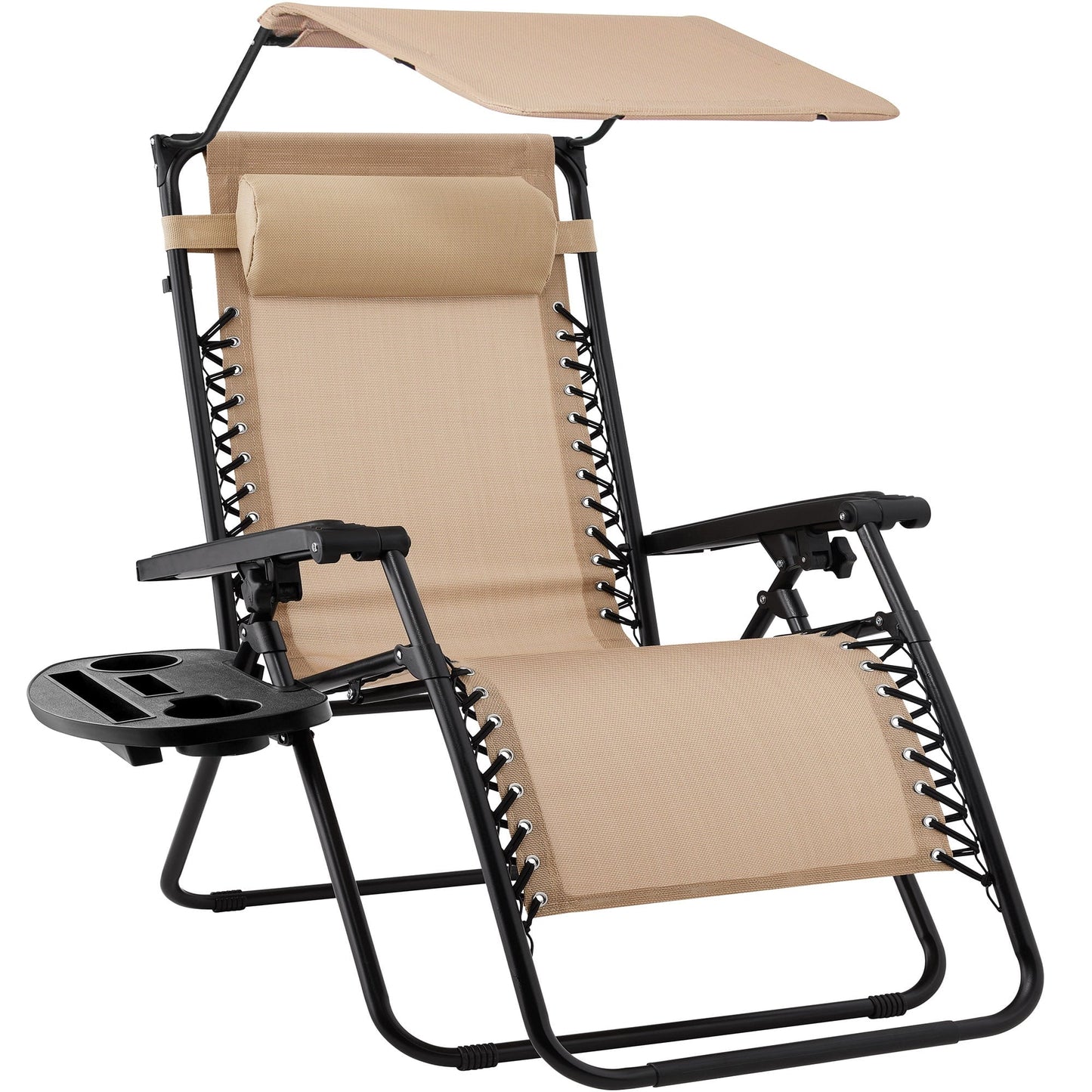 Best Choice Products Folding Zero Gravity Recliner Patio Lounge Chair w/Canopy Shade, Headrest, Side Tray - Beige