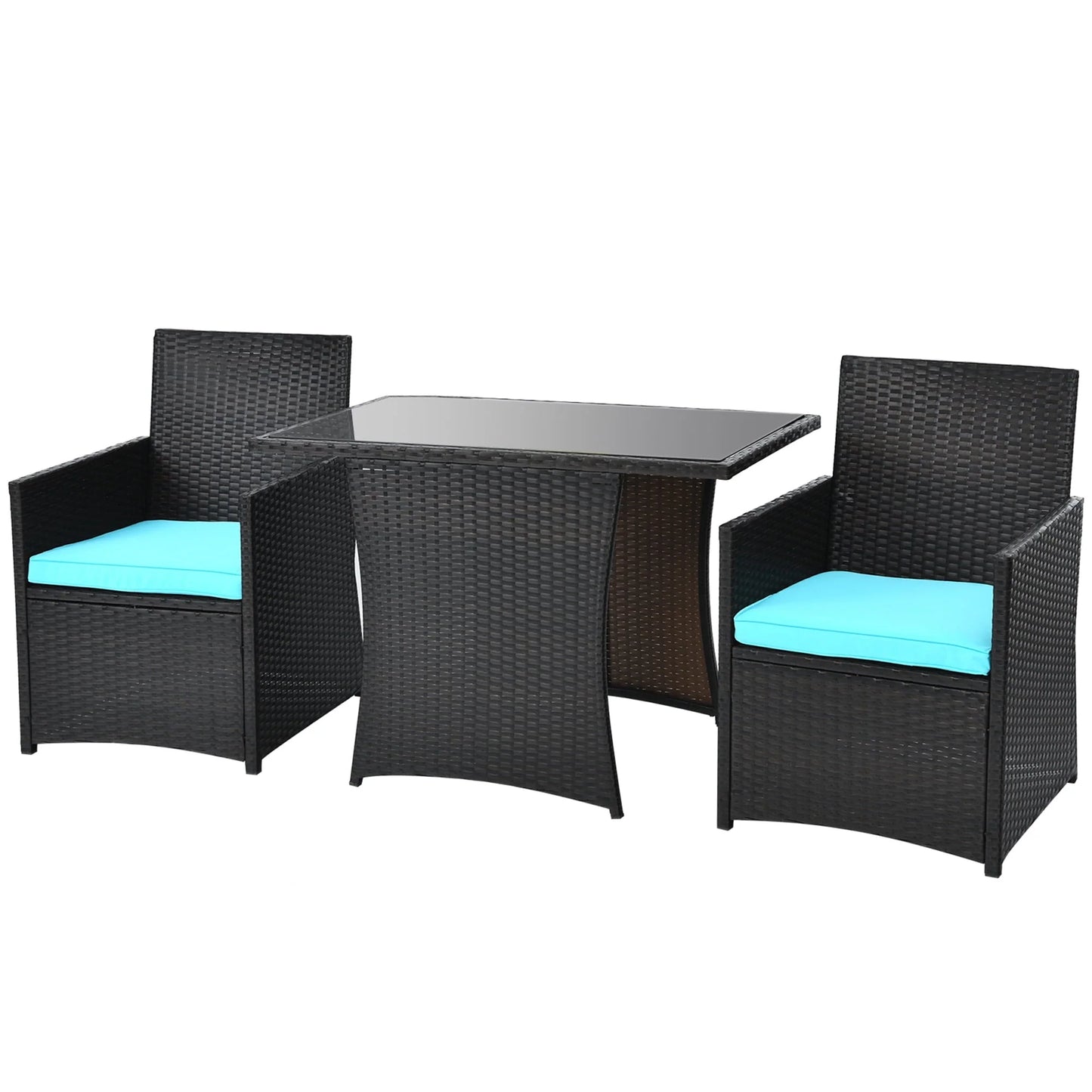 Gymax 3PCS Patio Wicker Bistro Set PE Rattan Dining Table Set w/Turquoise Cushions