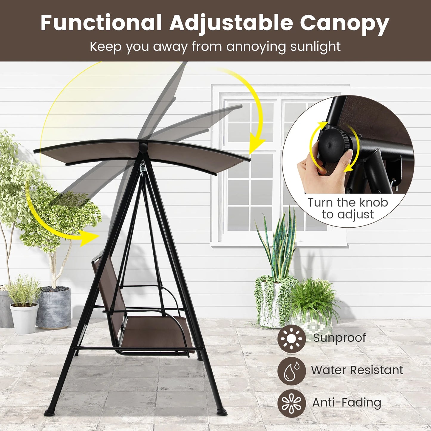 Gymax 2-Person Patio Swing Seat Swing Bench Canopy Swing Loveseat Outdoor Dark Brown