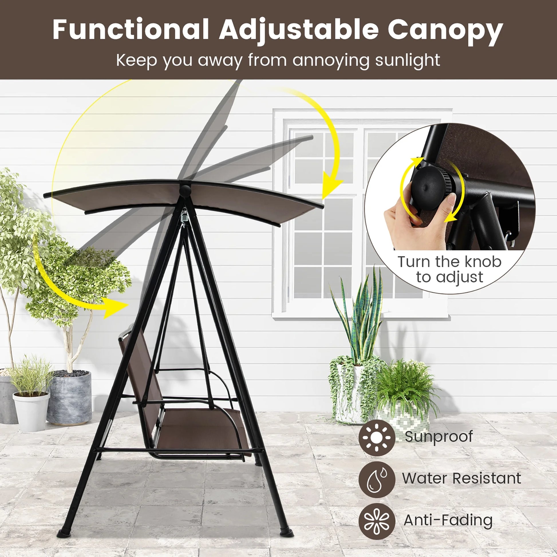 Gymax 2-Person Patio Swing Seat Swing Bench Canopy Swing Loveseat Outdoor Dark Brown