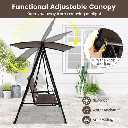 Gymax 2-Person Patio Swing Seat Swing Bench Canopy Swing Loveseat Outdoor Dark Brown