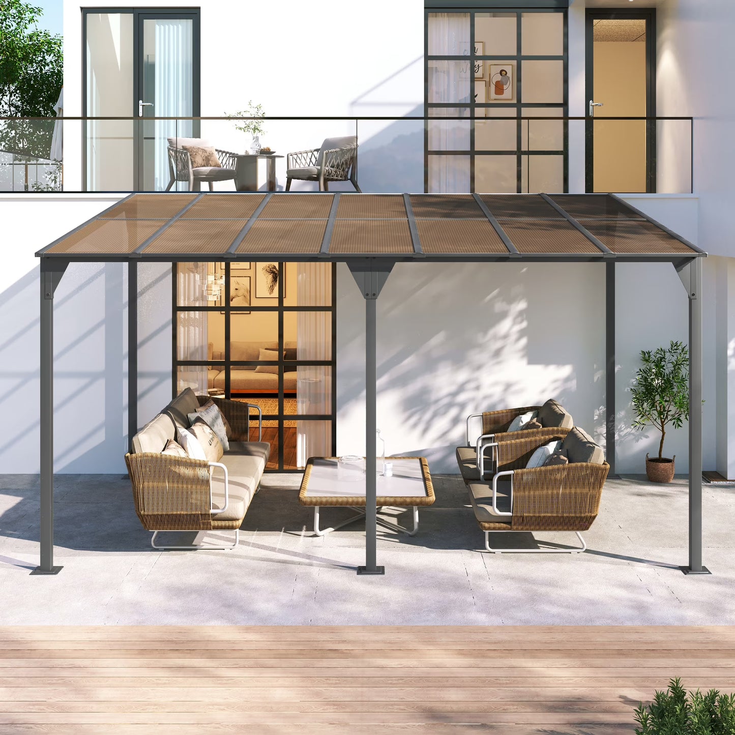 14.76 x 9.22 FT Wall Mounted Gazebo, Patio Pergola Lean to Awning with PC Roof Panels, Outdoor Metal Gazebo with Powder-Coated Iron Frame, Shelter for Deck, Garden, Backyard, Gray