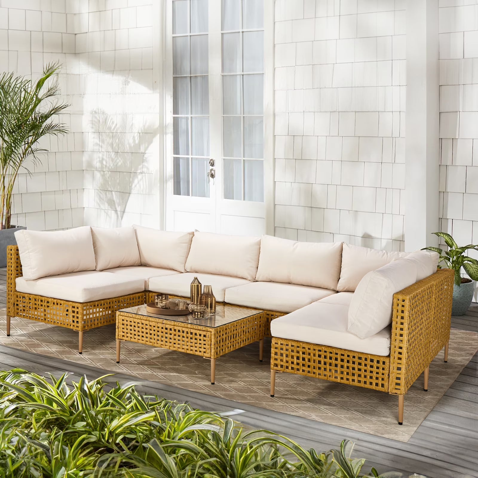 Ktaxon 7-Piece Wicker Patio Furniture Set, Patio Furniture Set with Water Resistant Thick Cushions and Coffee Table, Beige