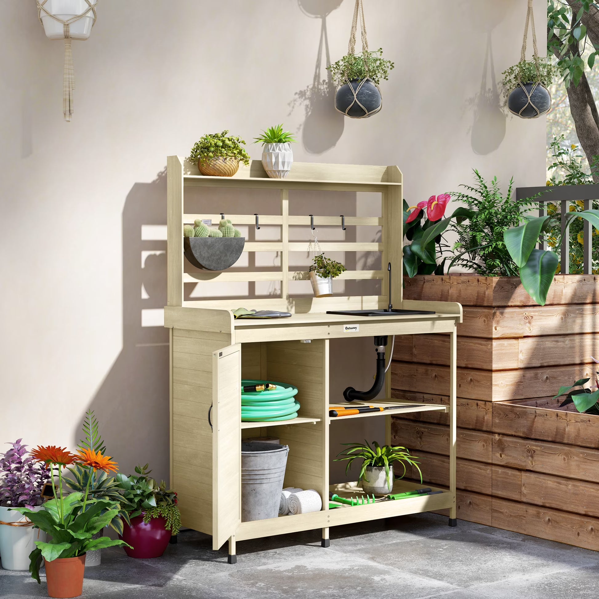 Outsunny Wooden Potting Bench, Outdoor Potting Table with Storage Cabinet, Storage Shelves, Sink, Water Tap for Backyard, Patio, Balcony, Natural