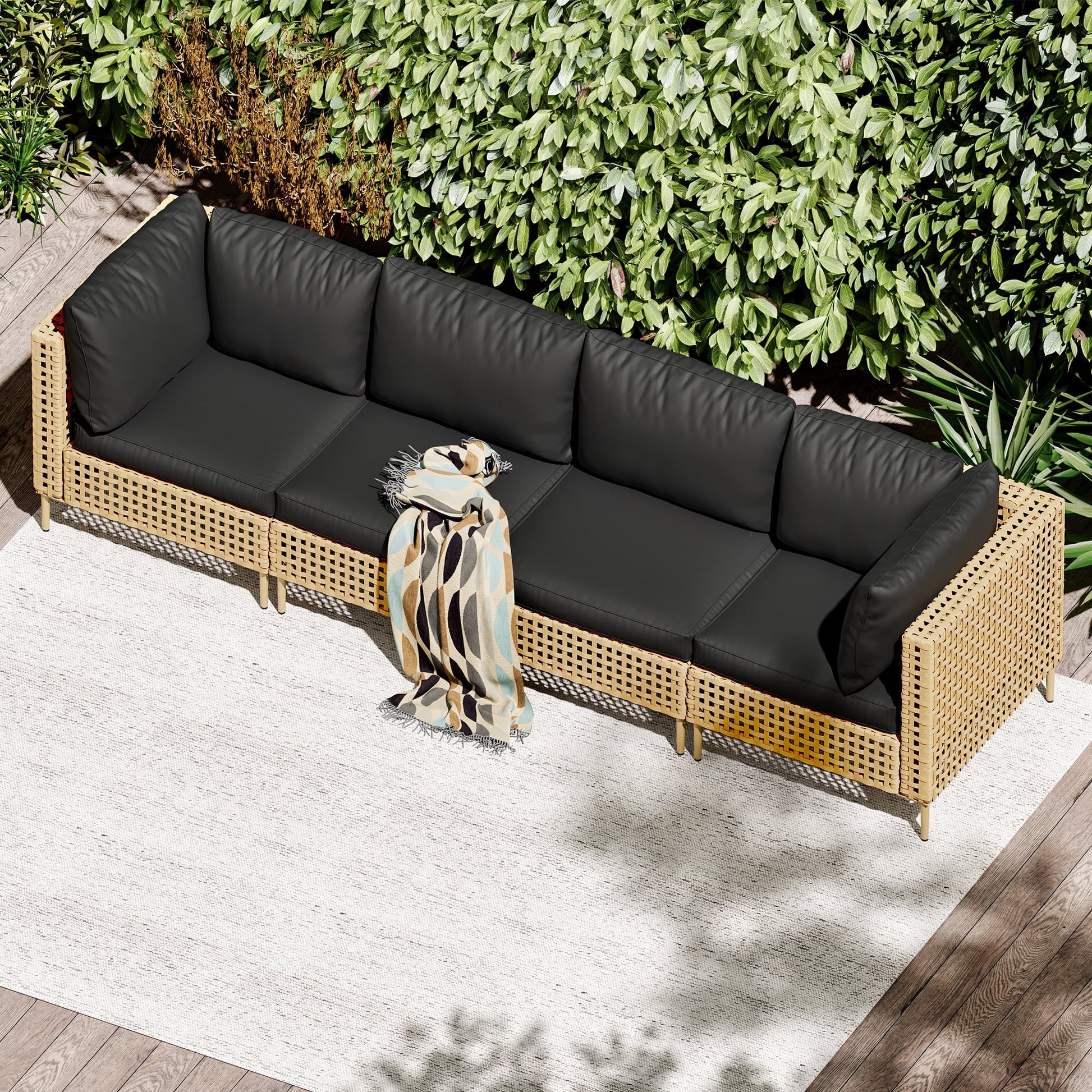 Bifanuo 4-Piece Wicker Outdoor Sectional Sofa, Patio Furniture Set, with Beige Fluffy Cushions (without Coffee Table)