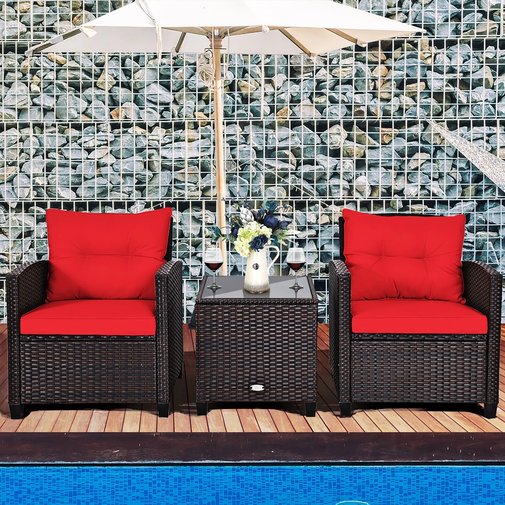 Costway 3PCS Patio Rattan Furniture Set Cushioned Conversation Set Sofa Coffee Table Red