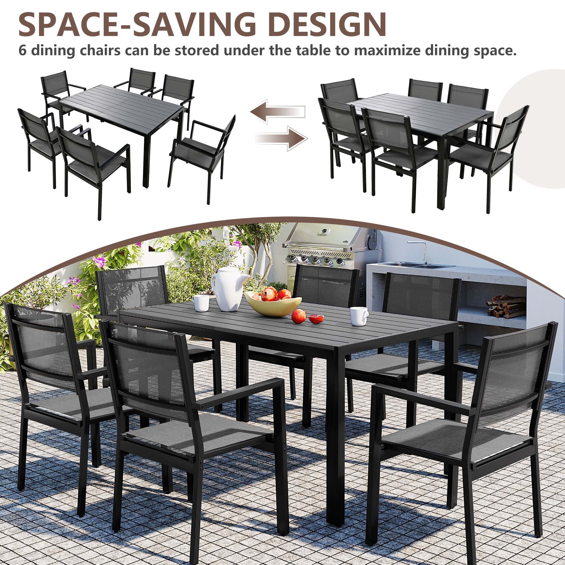 Patio Dining Set, 7PCS Outdoor Plastic-Wood Table & Textilene Chairs Set, Outdoor Furniture Dining Table Set, Garden Porch Backyard Poolside Sectional Conversation Set