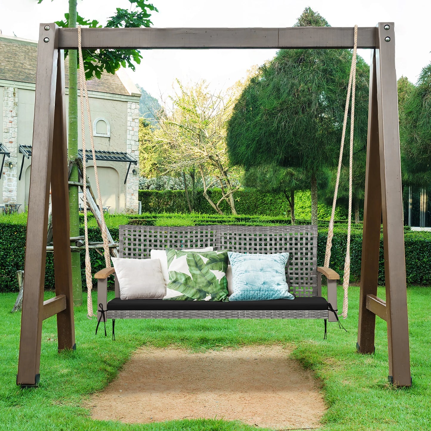 Costway 2-Person Patio Wicker Hanging Swing Chair Loveseat Cushion Porch Black
