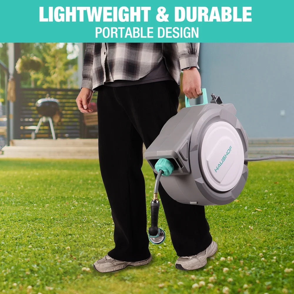 HAUSHOF 1/2" x 100 ft Retractable Garden Hose Reel with Automatic Rewind, 10-Pattern Spray Nozzle, Durable High-Pressure Hose, and 180° Swivel Bracket - Perfect for Watering Gardens, Cleaning Patios
