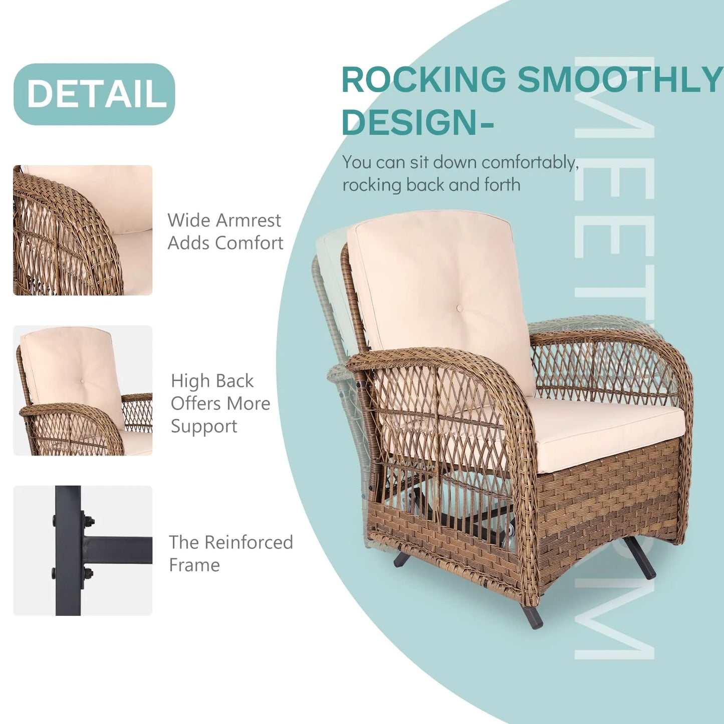 MEETWARM Patio Wicker Rocking Glider Set, All-Weather Outdoor Rattan Patio Rocking Chairs of 2, Patio Conversation Set with Thickened Cushions for Porch Garden & Backyard, Navy Blue