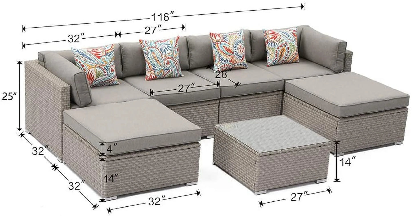COSIEST 7-Piece Outdoor Patio Furniture Grey Wicker Sectional Sofa Set with Tempered Glass Coffee Table