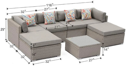 COSIEST 7-Piece Outdoor Patio Furniture Grey Wicker Sectional Sofa Set with Tempered Glass Coffee Table