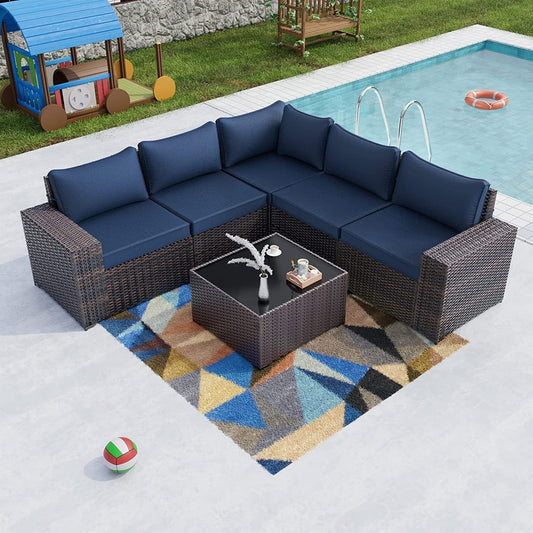 Gotland Outdoor Patio Furniture Set 6 Pieces Sectional Rattan Wicker Sofa Set Patio Conversation Set, Navy Blue