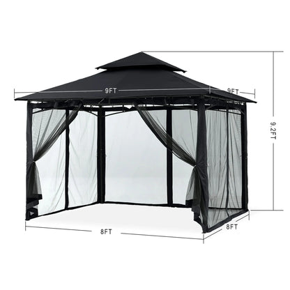 MASTERCANOPY 9' x 9' Outdoor Patio Gazebo Double Roof Steel Frame with Mesh Walls, Black
