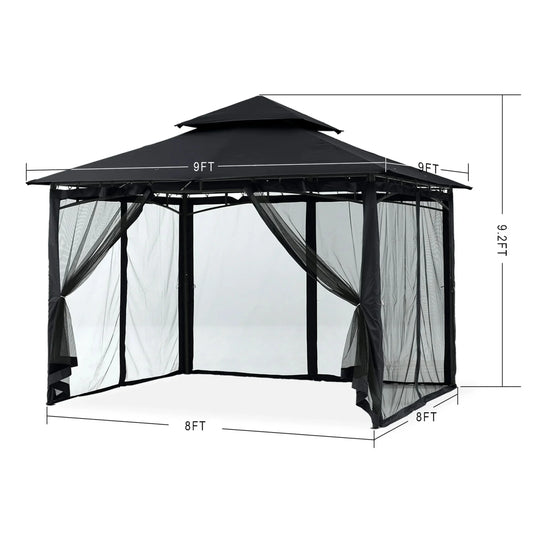 MASTERCANOPY 9' x 9' Outdoor Patio Gazebo Double Roof Steel Frame with Mesh Walls, Black