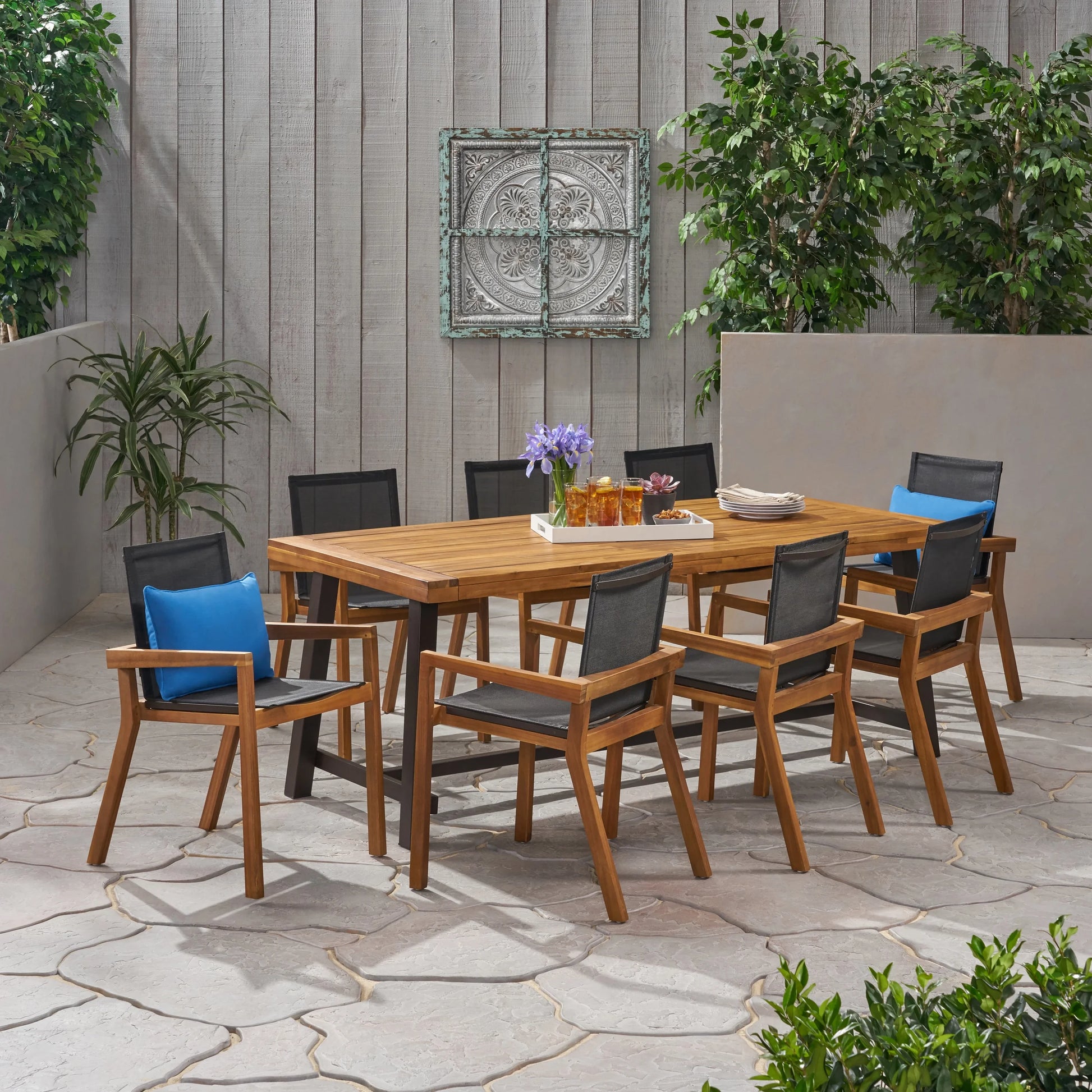 Noble House Beachview 9 Piece Wooden Patio Dining Set in Teak and Black