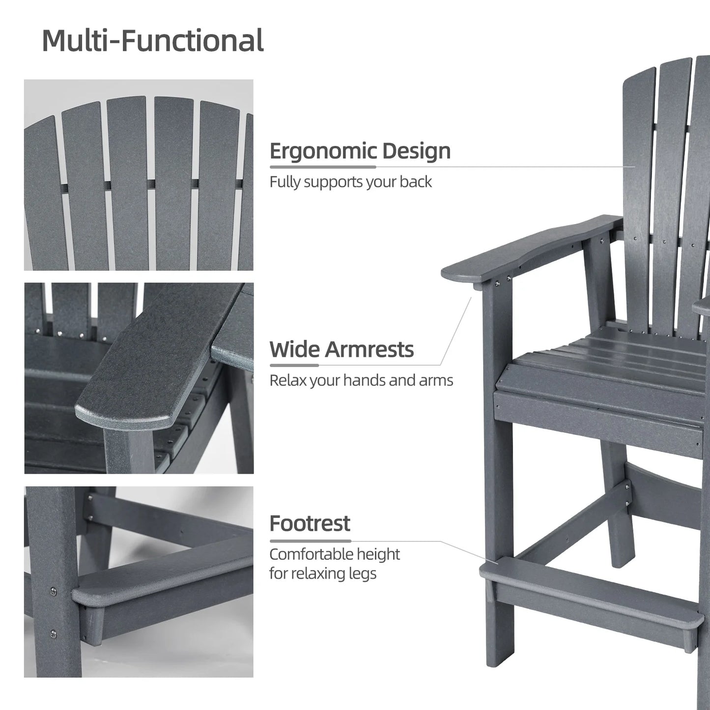 Aoodor Tall Adirondack Chairs Set of 2, HDPE Outdoor Bar Stools with Connecting Tray, Patio Furniture for Backyard, Garden, or Balcony (Gray)