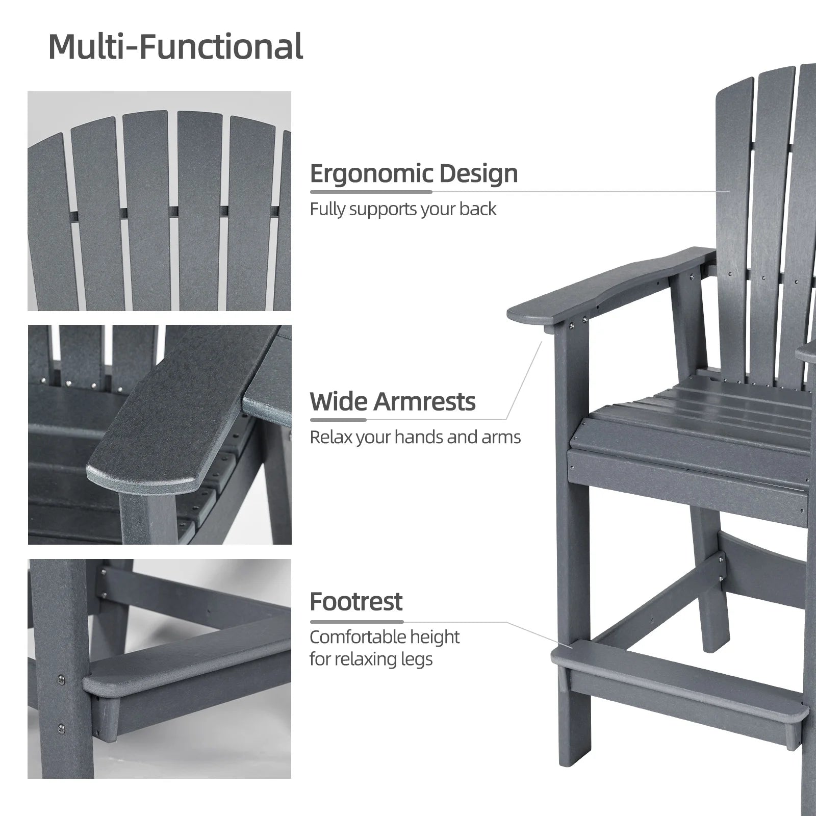 Aoodor Tall Adirondack Chairs Set of 2, HDPE Outdoor Bar Stools with Connecting Tray, Patio Furniture for Backyard, Garden, or Balcony (Gray)