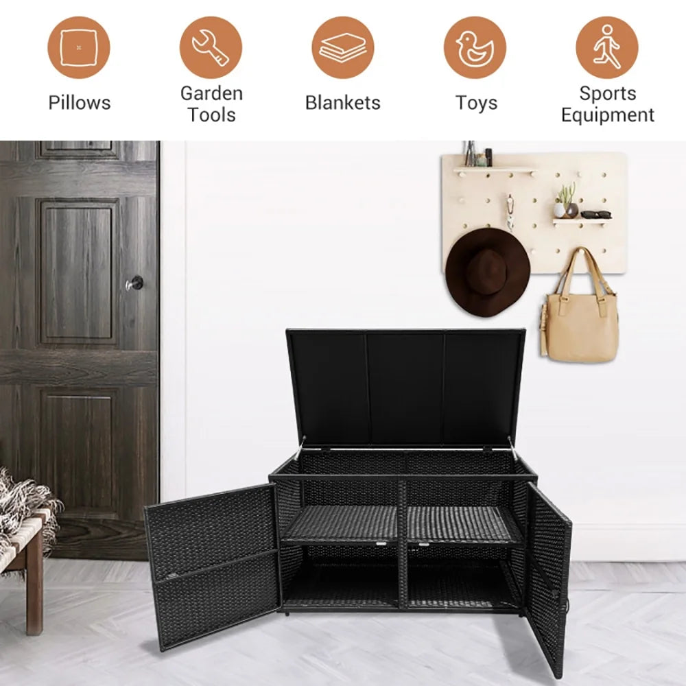 Canddidliike 88 Gallon Garden Patio Rattan Storage Container Box-Black, Outdoor Storage Box