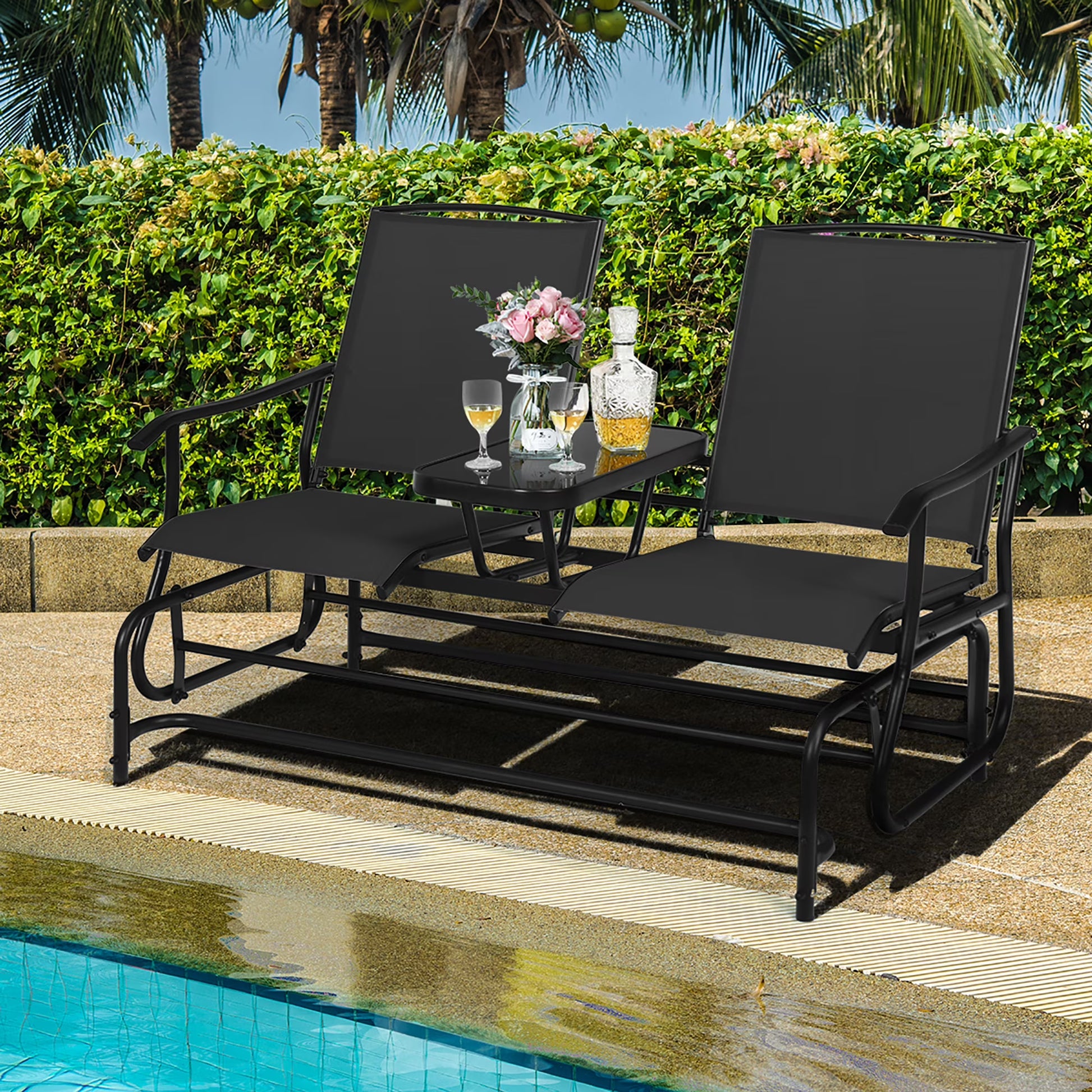 Costway 2 Person Outdoor Patio Double Glider Chair Loveseat Rocking Brown