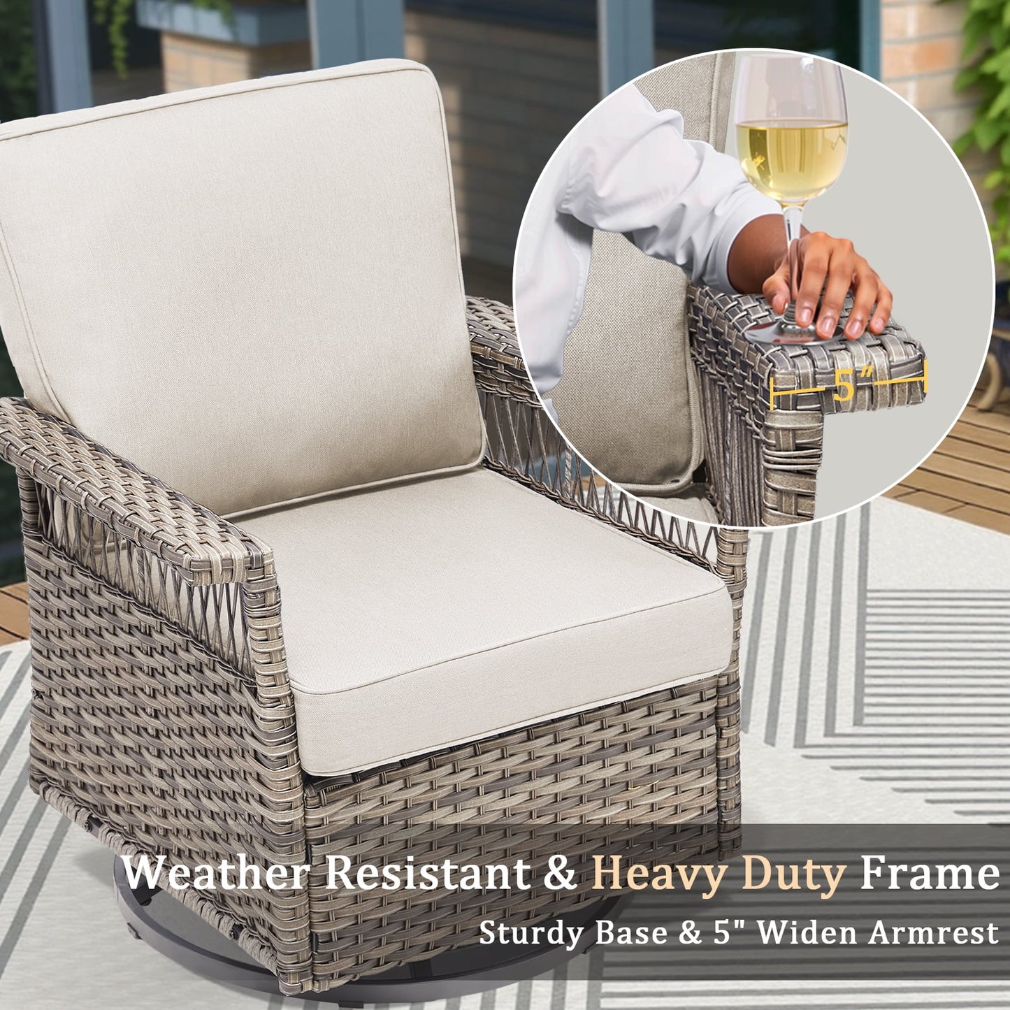 Feishominhoo Outdoor Swivel Rocker Patio Chairs,Gray Wicker Rocking Glider Chairs Set of 2 with Ottomans, Side Table and Beige Cushions Outdoor Patio Furniture for Balcony Porch Deck