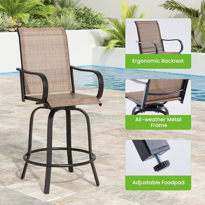 Farini Outdoor Bar Stools Set of 2, 360° Swivel Patio Barstools with Textile Fabric,Ergonomic Comfort Bar Height Tall Outdoor Stools for Balcony,Brown