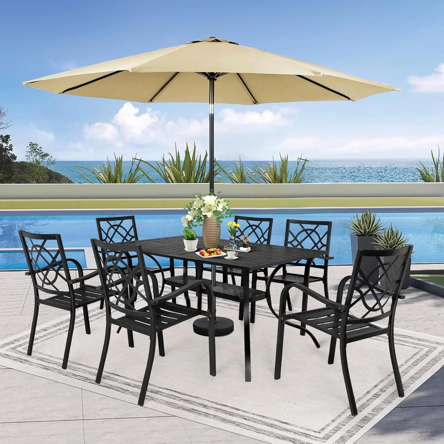 SUNCROWN 7-Piece Outdoor Wrought Iron Chairs and Table Patio Dining Furniture Set - 6 Stackable Metal Chairs, 1 Steel Slat Bistro Table and 1 Brown 9Ft Patio Umbrella for Garden Backyard Deck