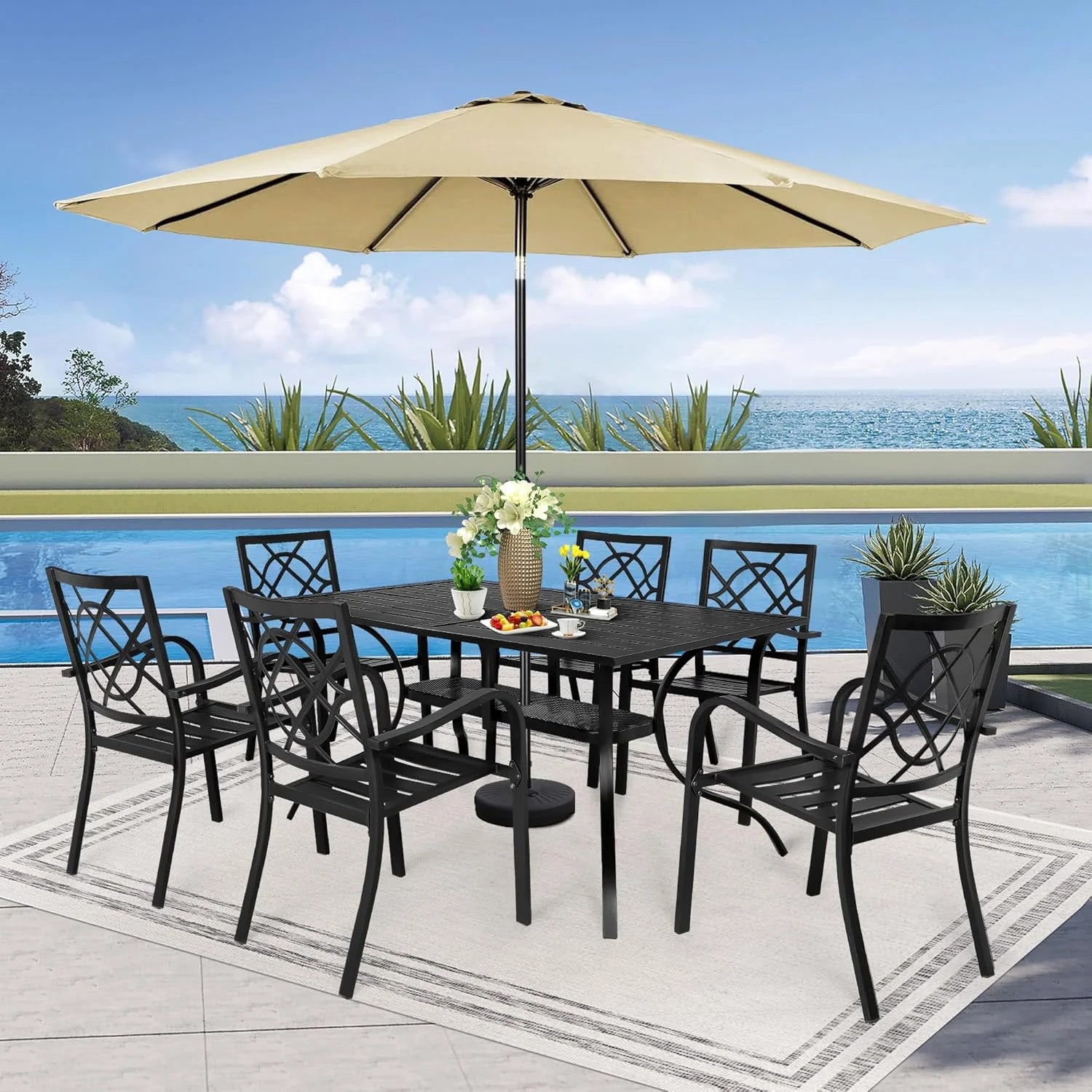 SUNCROWN 7-Piece Outdoor Wrought Iron Chairs and Table Patio Dining Furniture Set - 6 Stackable Metal Chairs, 1 Steel Slat Bistro Table and 1 Brown 9Ft Patio Umbrella for Garden Backyard Deck