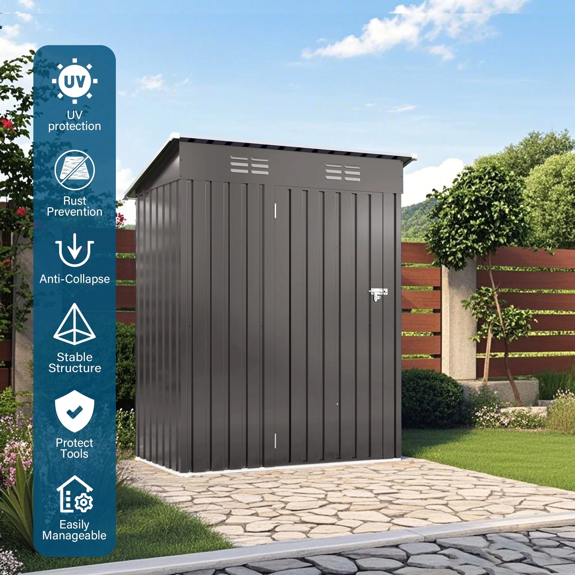 Outdoor Garden Tool Storage Shed, Seizeen All-Weather Metal Sheds with Lockable Door & Vents, 5 x 3Ft Outdoor Storage for Backyard Garden Patio, Gray