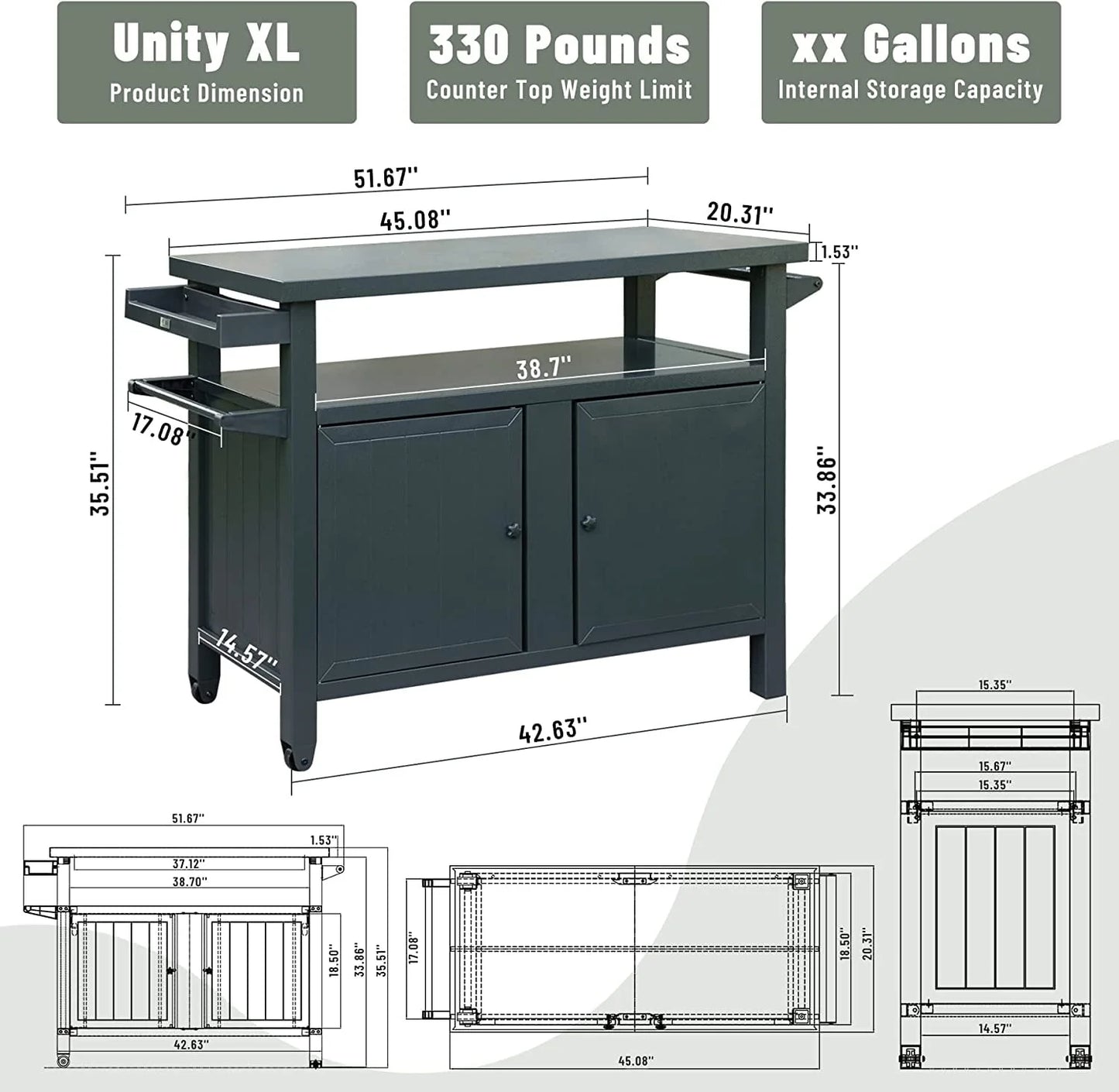 Domi Grill Carts Outdoor with Storage and Wheels, Whole Metal Portable Table and Storage Cabinet for BBQ,Deck,Patio,Backyard(Dark Grey,L45x W20.31x H35.51 Inch)