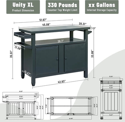 Domi Grill Carts Outdoor with Storage and Wheels, Whole Metal Portable Table and Storage Cabinet for BBQ,Deck,Patio,Backyard(Dark Grey,L45x W20.31x H35.51 Inch)