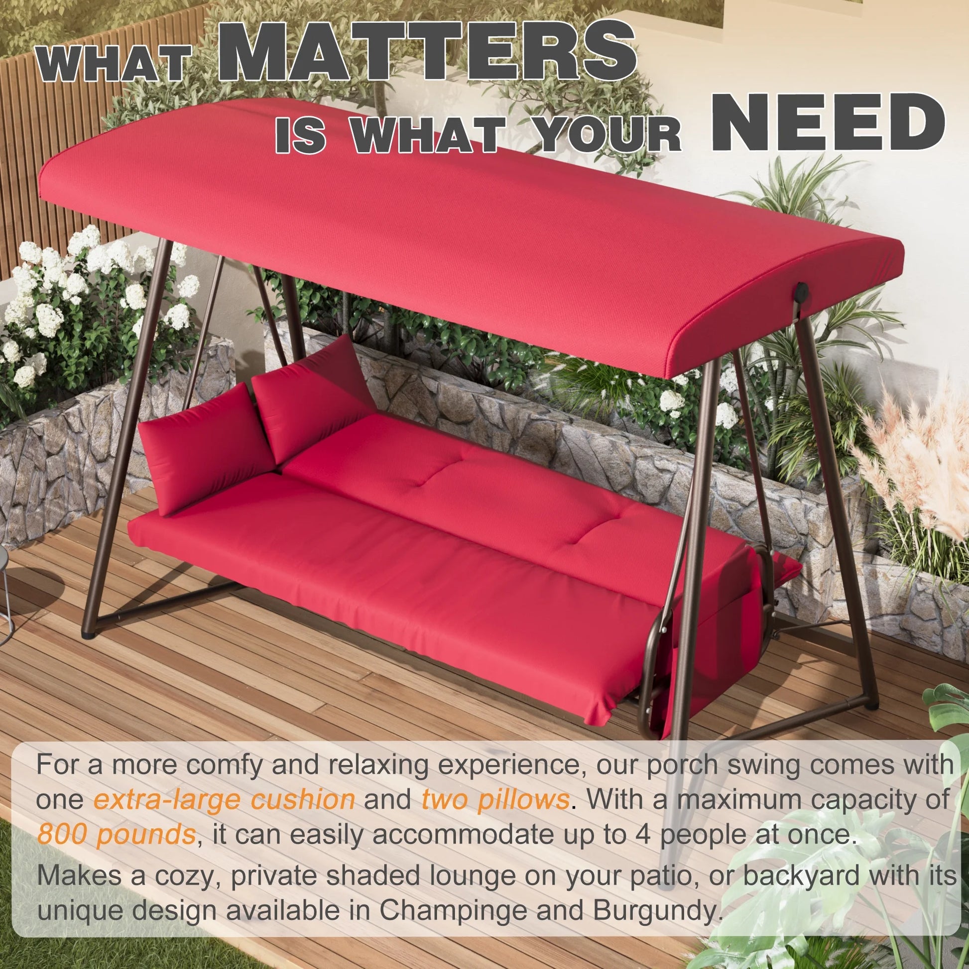 CHINNLUU Oversized 4 Person Porch Swing with Stand 800 LBS Capacity Adjustable Canopy Backrest Includes Cushions Pillows Patio 2 in 1 Swing Bed for Backyard Garden Poolside, Champagne