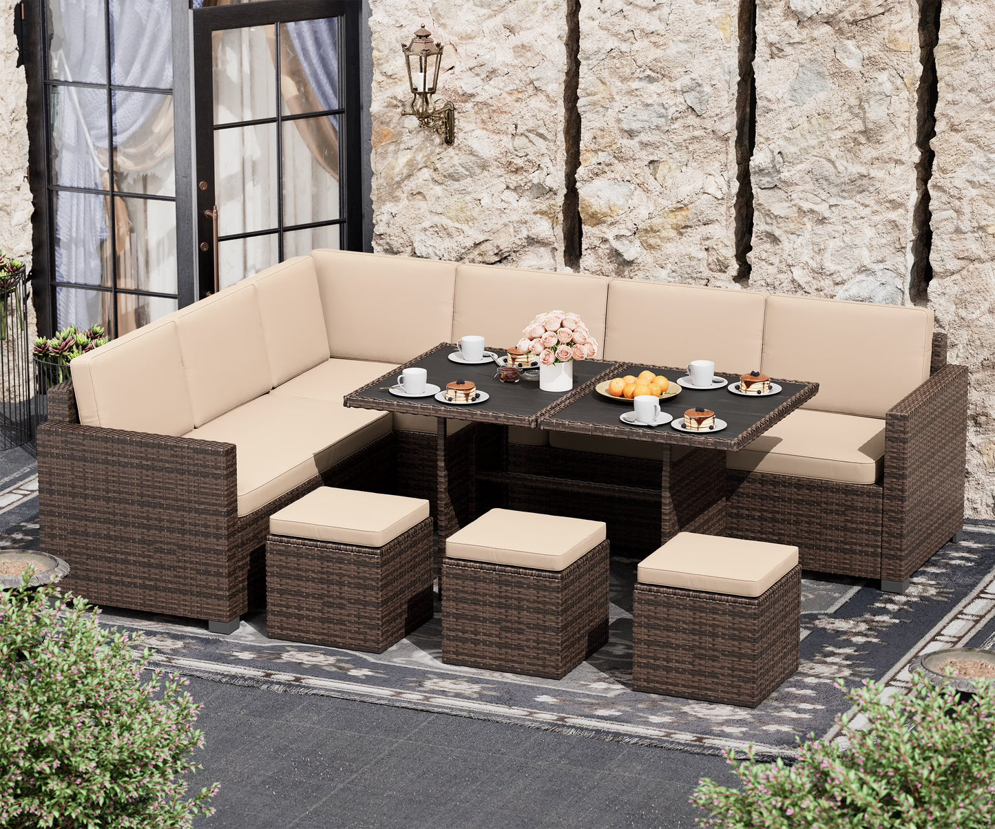 Bifanuo 7 Piece Patio Furniture Set, Outdoor Furniture Patio Sectional Sofa, All Weather PE Rattan Outdoor Sectional with Beige Cushions and Table, Black Wicker