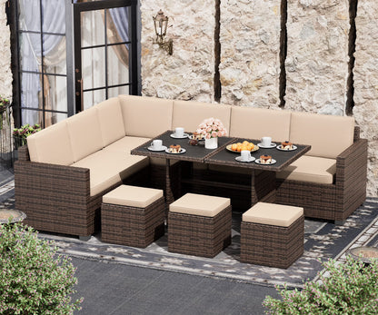 Bifanuo 7 Piece Patio Furniture Set, Outdoor Furniture Patio Sectional Sofa, All Weather PE Rattan Outdoor Sectional with Beige Cushions and Table, Black Wicker