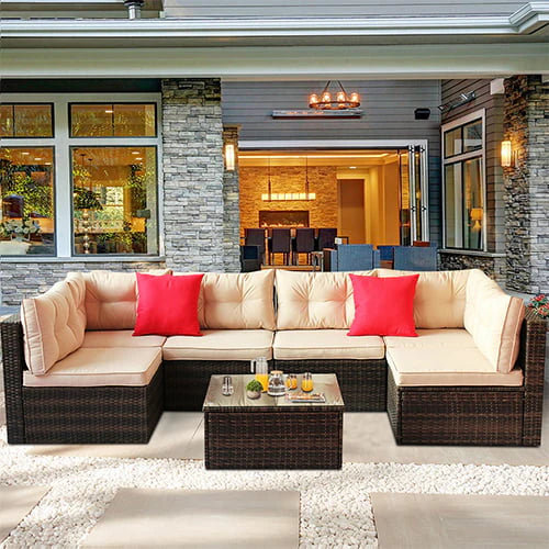 7 Piece Rattan Sectional Sofa Set, Outdoor Conversation Set, All-Weather Wicker Sectional Seating Group with Cushions & Coffee Table, Morden Furniture Couch Set for Patio Deck Garden Pool, K2774