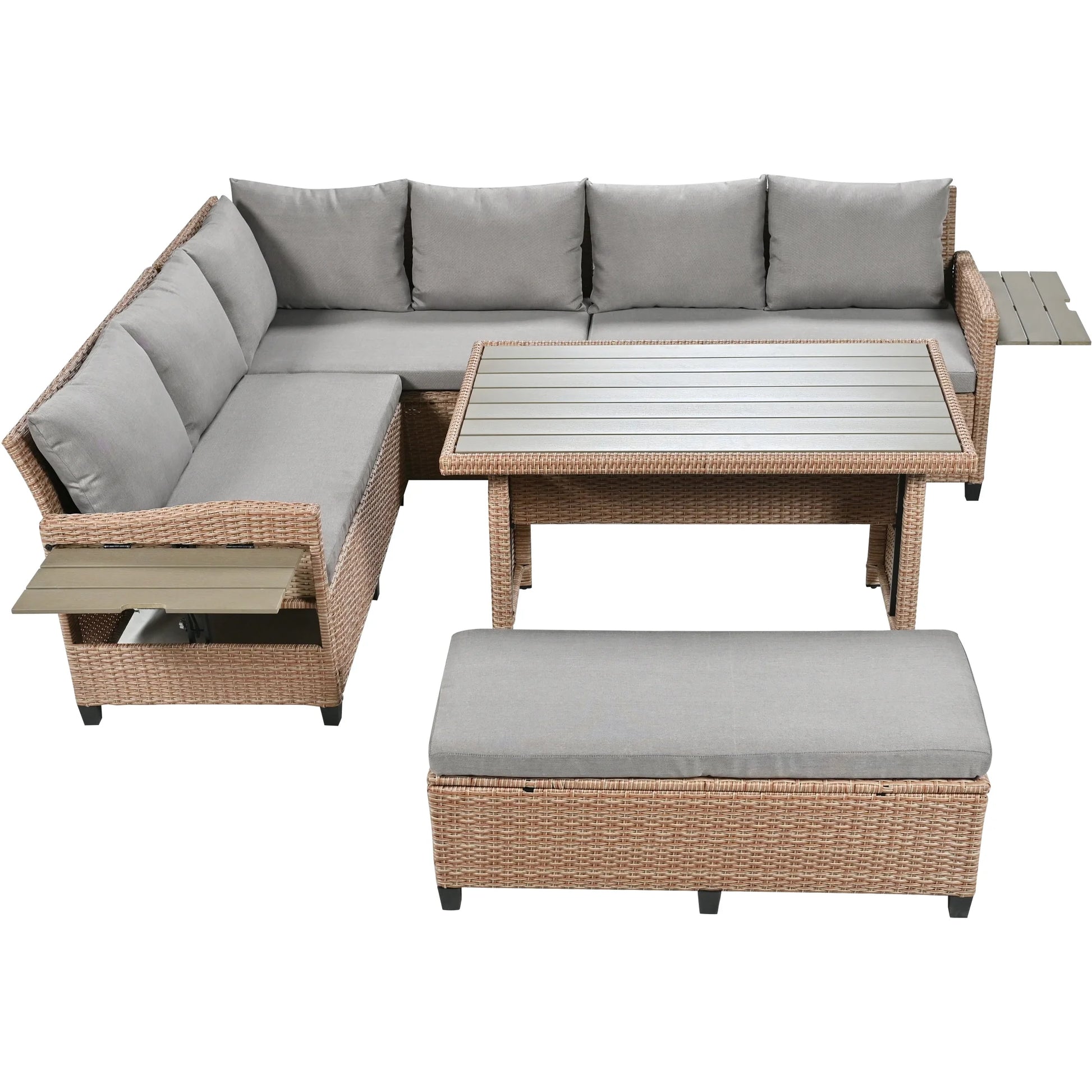 Harper & Bright Designs Outdoor Rattan Sectional Sofa Set with Dining Table, Patio L-Shaped Wicker Conversation Set with 2 Extendable Side Tables, Brown