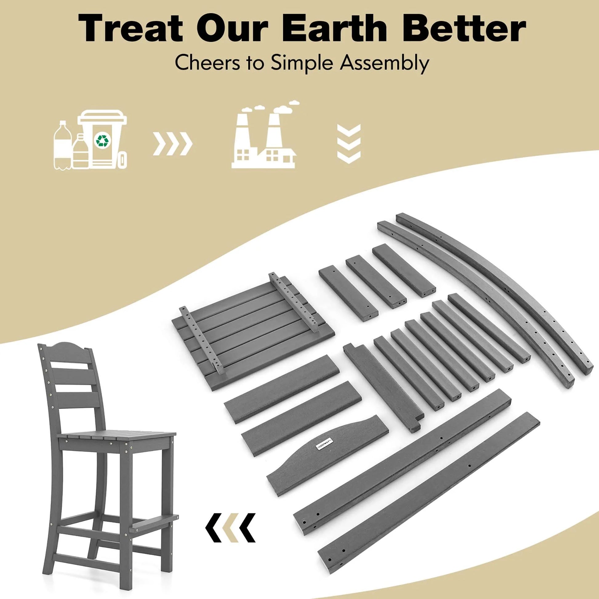Costway Outdoor HDPE Bar Stool Patio Tall Chair Backrest Footrest All Weather Gray