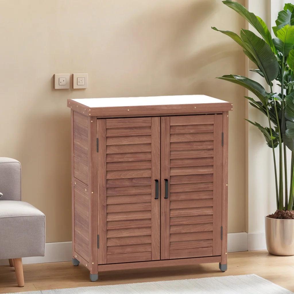 Funnil Outdoor Wooden Storage Cabinet & Potting Bench Table, Weather-Resistant Wooden Patio Furniture, Garden Workstation